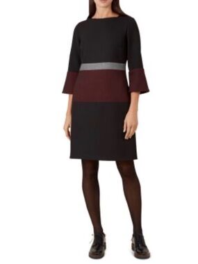 Hobbs London Colorblock Shift Dress with Bell Sleeves in Black and Burgundy